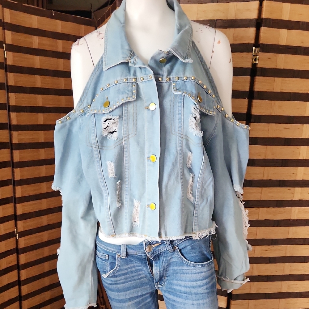 Custom Made Gold Stud Distressed Denim Jacket Cold Shoulder